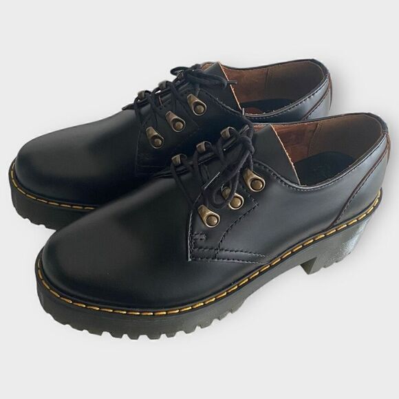 Dr. Martens Leona Lo Black Platform Heeled Oxford Shoes Womens size 8 New - Picture 2 of 12